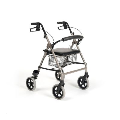 Vierrädriger Rollator Eco-Light in champagnerfarbenem Leichtbau mit Sitz und Drahtkorb