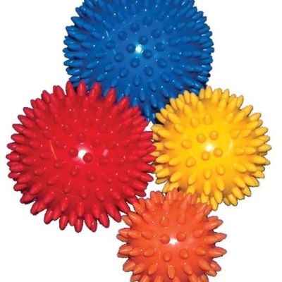 Igelball-Set, vier Noppenbälle in Blau, Rot, Gelb und Orange für Massage und Therapie
