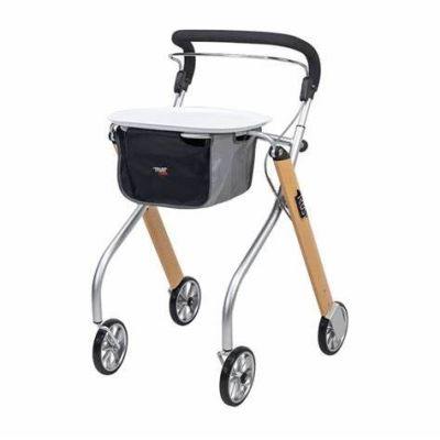 Indoor-Rollator Let's go in Silber mit Holzoptik, Korb und Ablagebrett