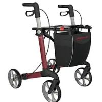 Rollator Router mit rotem Rahmen, schwarzer Einkaufstasche und vier Rädern für den Aussenbereich