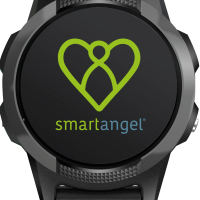 Notrufuhr smartangel, schwarze Armbanduhr mit grünem Herz-Logo auf dem Display