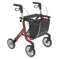 Rollator Streamer in Rot mit Sitzflaeche, Tasche und vier Raedern